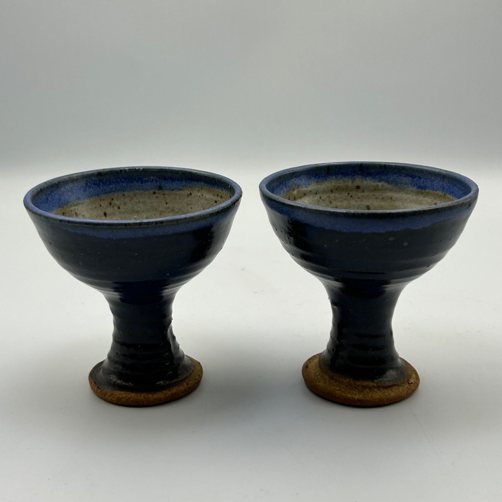 Studio Art Pottery Chalice Set Drip Glaze Speckled Blue Stone Hand Thrown Wabi